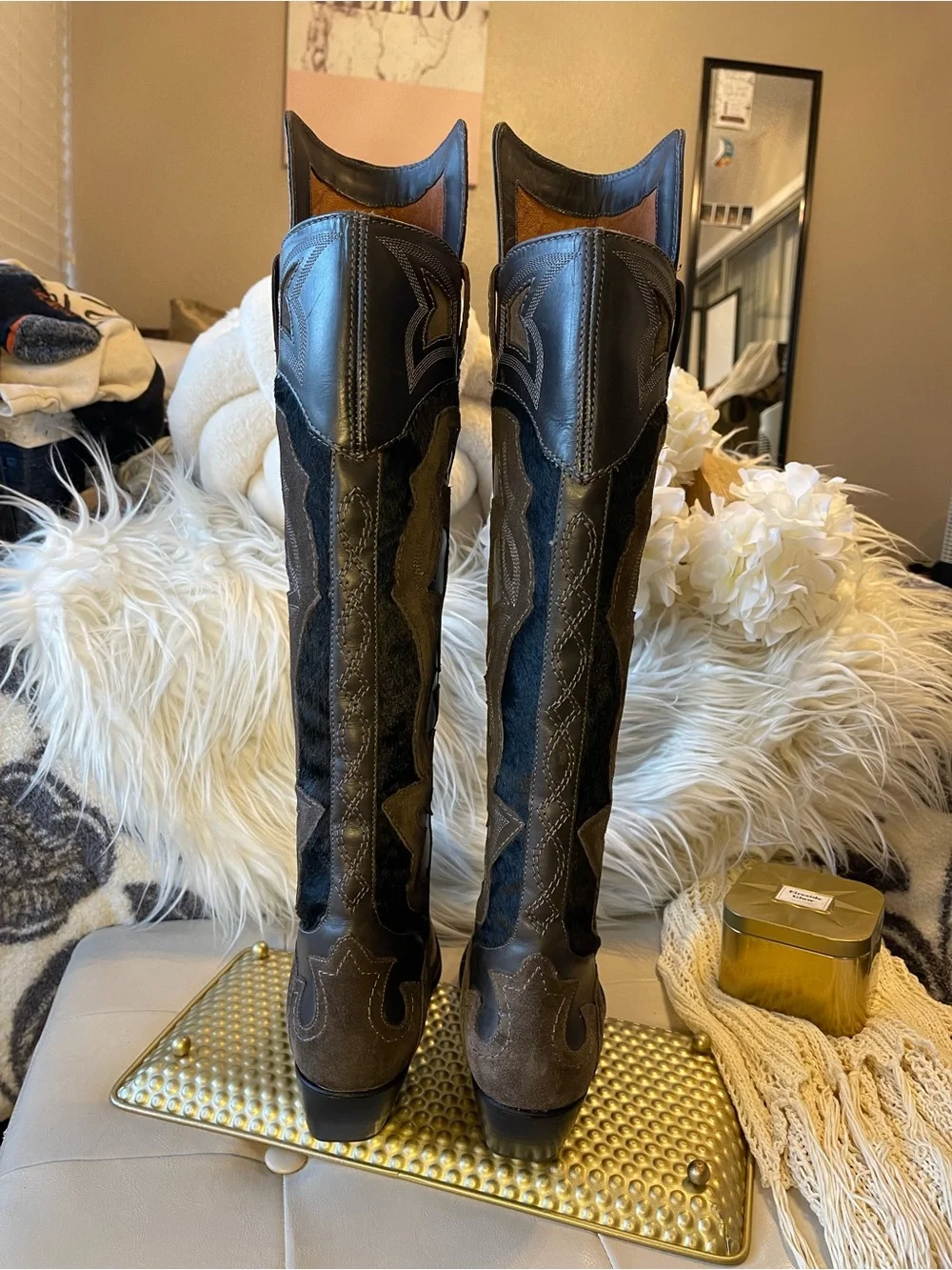 Frye Shane Embroidered Cuff western boots over-the-knee in Charcoal Gray Brown
